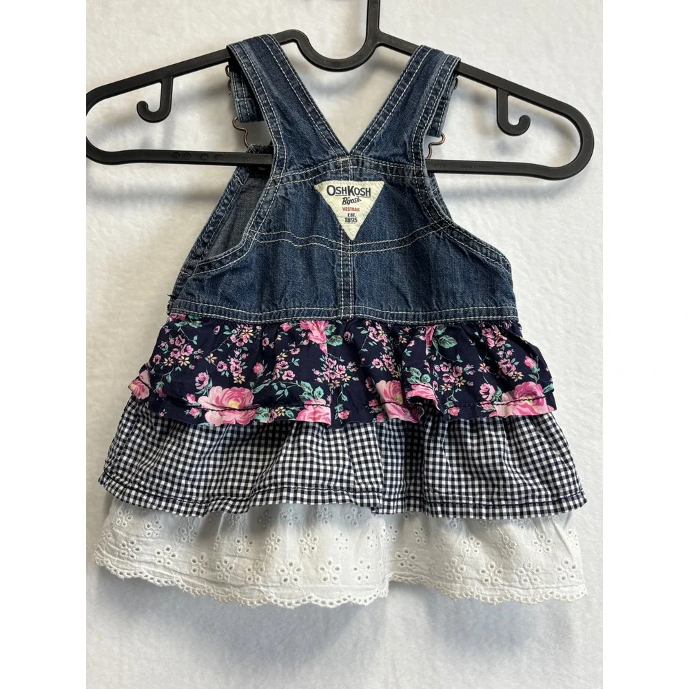 OshKosh B'gosh Jumper Dress Girl 18M Blue Floral Gingham Eyelet Ruffle Denim